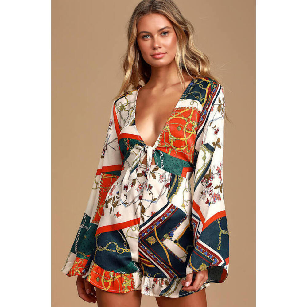 Lulus Never Letting Go White Scarf Print Tie-front Bell Sleeve Romper - Size S